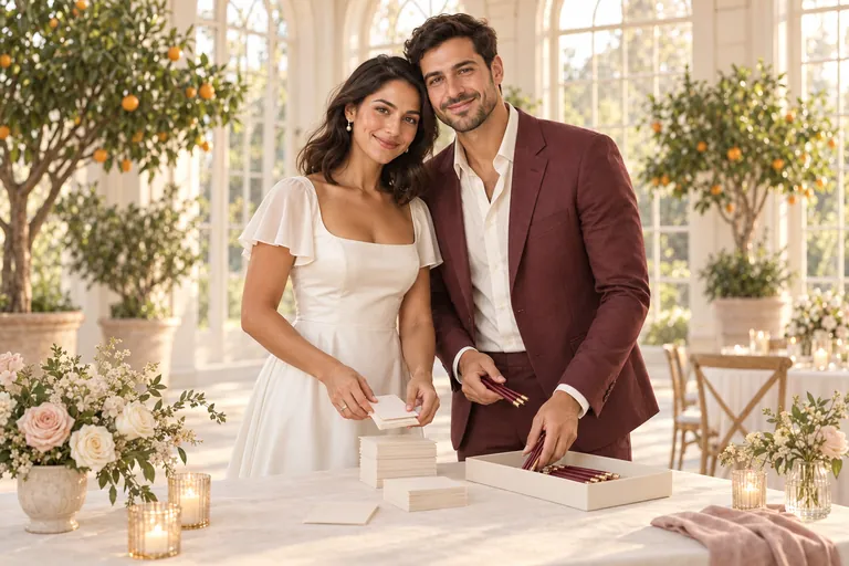 The bride and groom tidy the party table, gathering game cards and pencils into a tray in a sunlit orangery