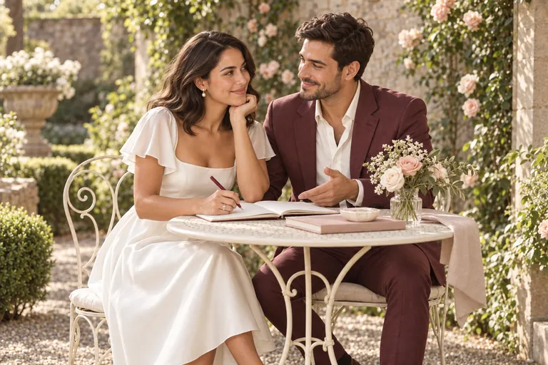 The bride and groom plan a bridal shower at a garden bistro table, sharing an open notebook beside a small vase of roses